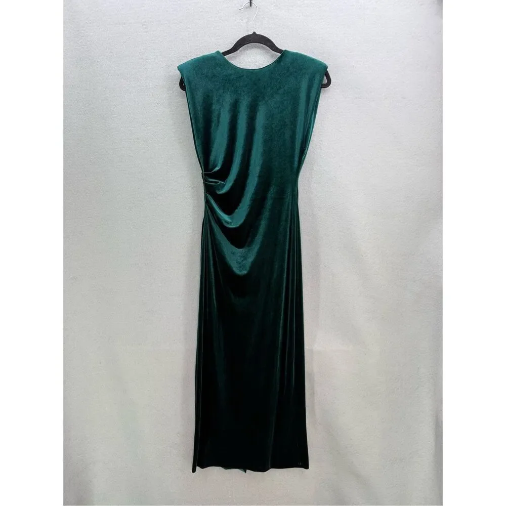 Zara Womens Green Velvet Sleeveless Draped Crewneck Slit Back Maxi Dress Size XS - Picture 2 of 8